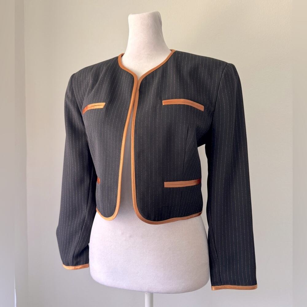 Vintage ‘90s Nina K Black & Orange Pinstripe Cropped Open Front Blazer